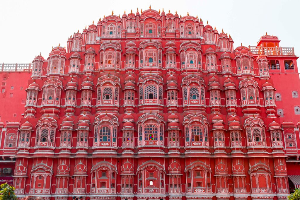 Jaipur Pink City street view with traditional pink buildings at sunrise