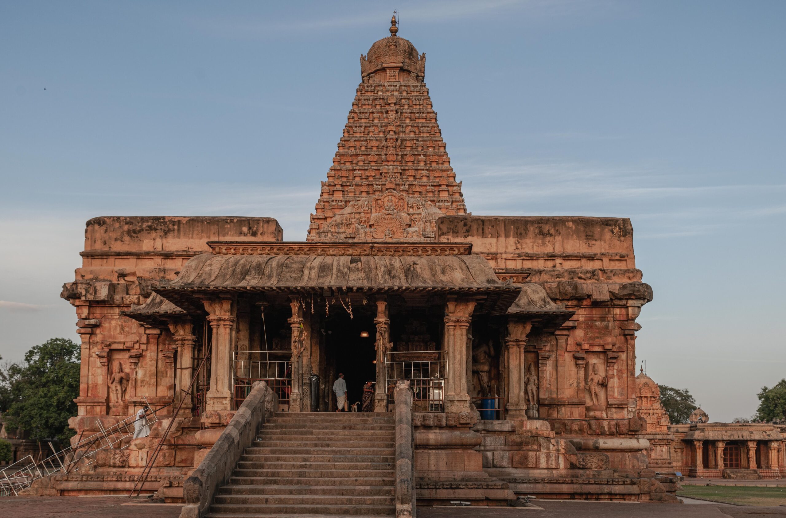 View of the majestic Brihadeeswarar Temple, a UNESCO World Heritage site in Tanjore, India.
