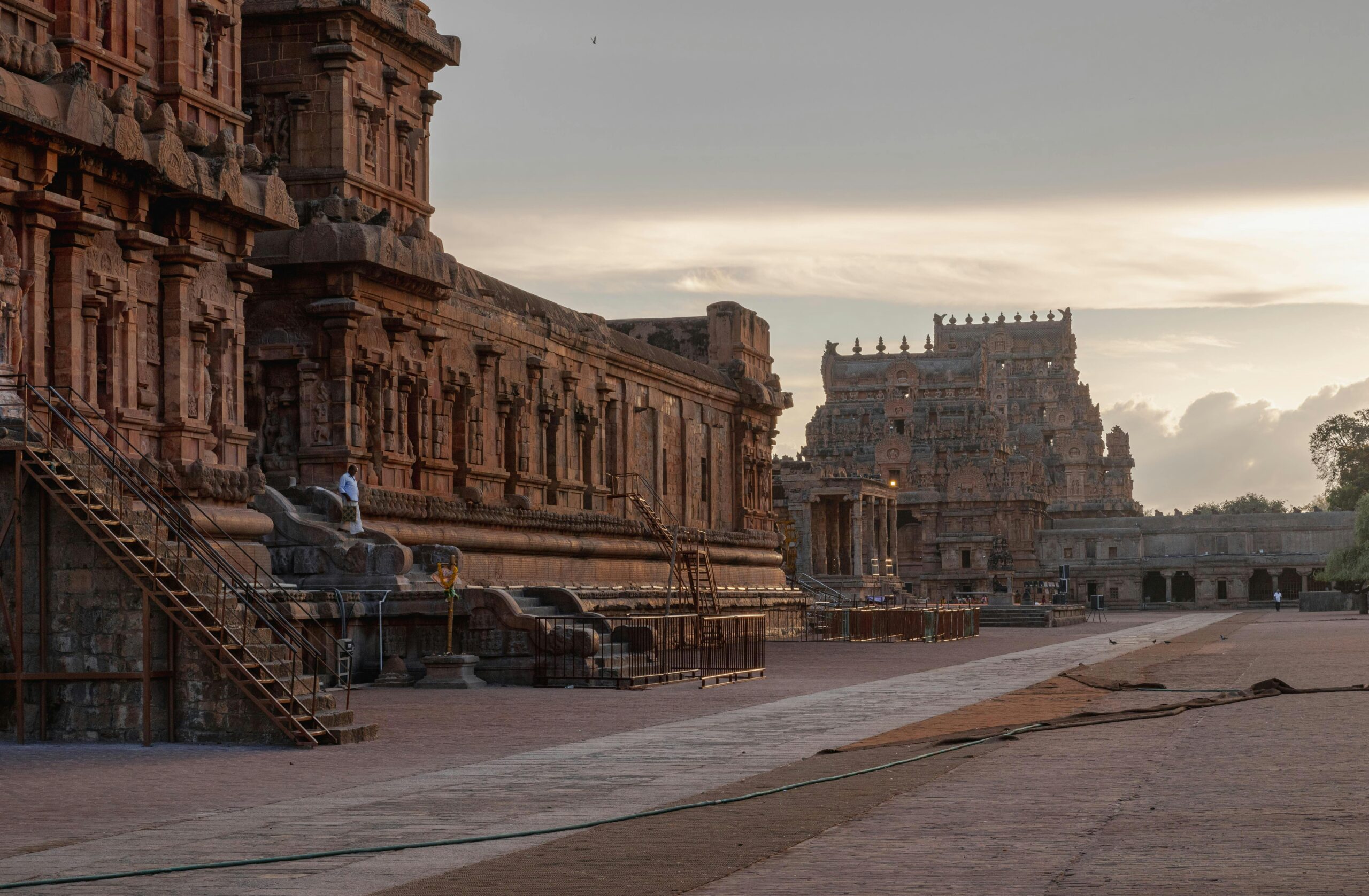 Breathtaking view of Brihadeeswarar Temple in Thanjavur, Tamil Nadu during sunset.
