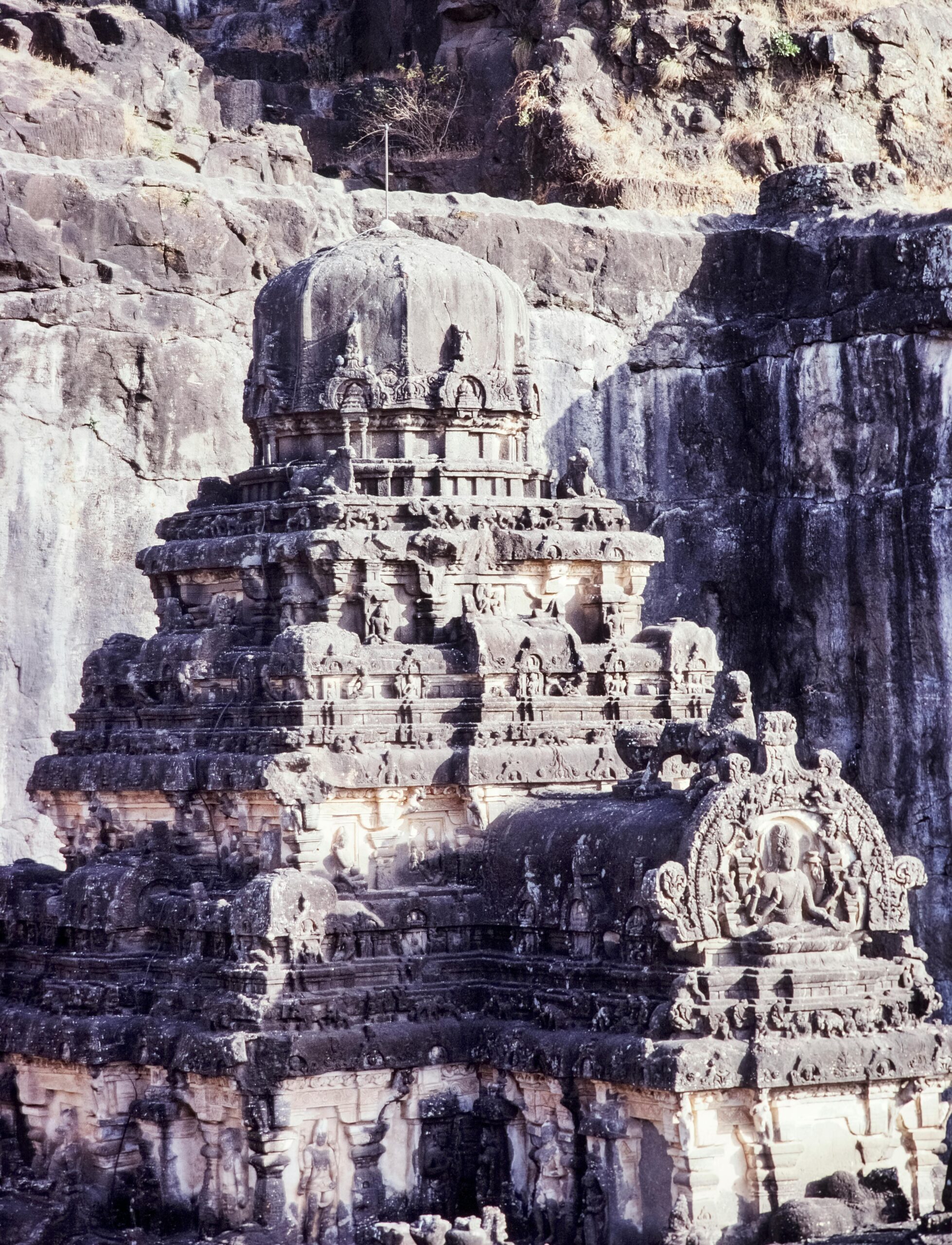 Main temple structure with ornate pillars at Kailasa Temple Ellora showing Rashtrakuta architecture